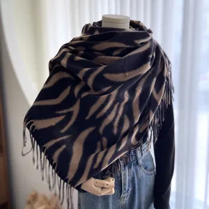 Women autumn winter striped tassel imitation cashmere scarf warm fashion shawl main view.
