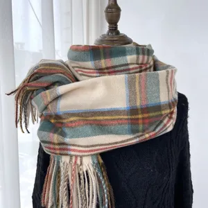 Women Winter Warm Plaid Scarf Retro Tassel Imitation Cashmere Shawl Soft Casual Long Neck Scarf Outerwear Accessories