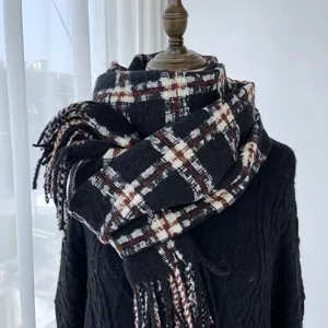 Fall winter black white plaid scarf, warm imitation cashmere fashion shawl for daily wear.