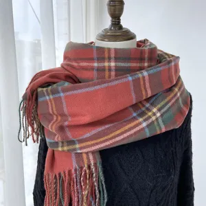 Women winter plaid scarf cashmere-feel retro tassel wrap warm cozy stylish fashion accessory new