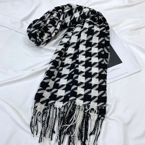 Black and white large houndstooth scarf for women, warm soft tassel winter wrap shawl.
