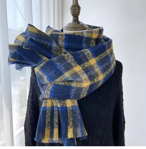 Blue yellow grey plaid scarf winter warm cozy tassel fringe stylish retro soft knit neck wrap
