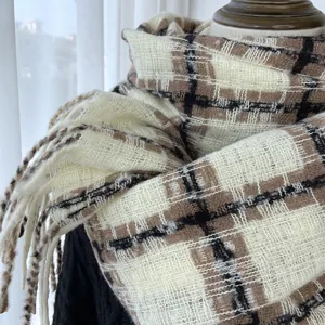 Cozy autumn winter plaid cashmere feel scarf with fringe tassel design stylish warm wrap