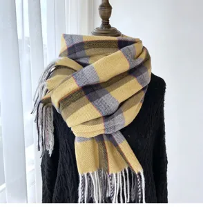 Femme hiver écharpe imitation cachemire à carreaux jaunes châle à franges foulard mode