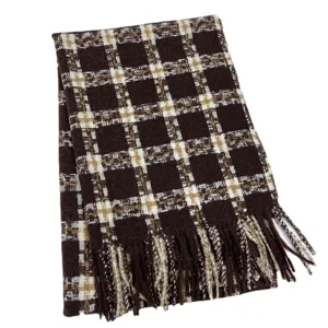 Classic brown plaid winter scarf with cozy tassels, perfect warm fashion accessory for cold days.