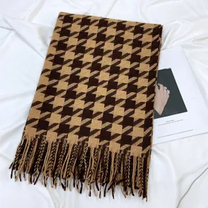 Chic brown houndstooth pattern scarf with cozy tassels, soft winter warm wrap for women.