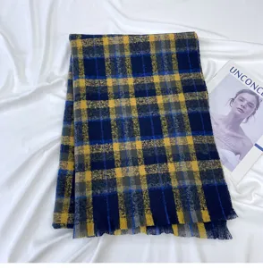 Classic blue and yellow plaid winter scarf with fringe, soft imitation cashmere neck wrap.