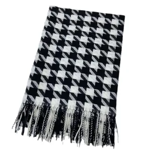 Classic black and white houndstooth scarf for women, soft warm winter tassel shawl wrap.