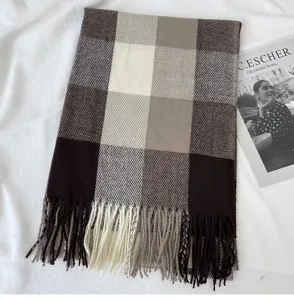 Brown plaid scarf winter warm soft fringe detail shot showing elegant vintage grid design texture