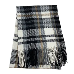 Classic plaid imitation cashmere scarf with fringe, warm and stylish winter fashion accessory.