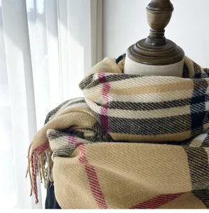 Classic British plaid scarf detail shot, warm cashmere-feel shawl with fringe for winter.