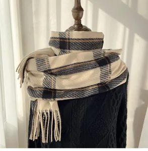 Classic plaid cashmere feel tassel scarf detail shot showing soft winter warmth texture design.