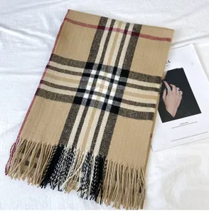 Classic plaid cashmere feel winter scarf, long fringed tassel warm shawl for women daily wear.