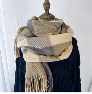 Cozy women's oversized plaid fringe scarf winter warm imitation cashmere shawl neck wrap