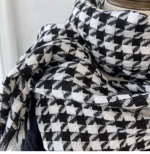 Classic black and white houndstooth pattern scarf, cozy imitation cashmere with tassel hem.
