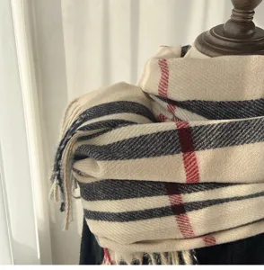 Women's autumn winter cashmere feel plaid tassel scarf classic British style warm wrap