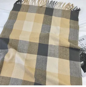 Cozy autumn winter large plaid scarf for women, retro imitation cashmere fringe shawl neck wrap.