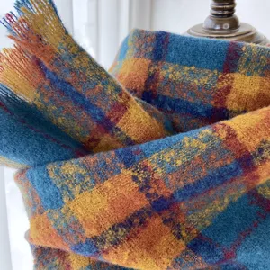 Cozy blue yellow plaid winter cashmere feel scarf women fashion retro fringe shawl wrap.
