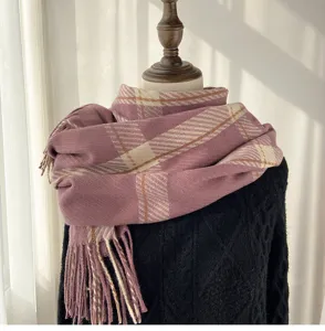 Women winter plaid scarf imitation cashmere tassel shawl warm neck wrap detail display