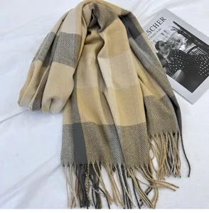 Detailed view of women's autumn winter plaid cashmere feel tassel scarf vintage warm wrap