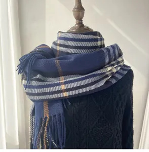 Women classic plaid tassel scarf winter warm cashmere-feel long shawl blue neck wrap