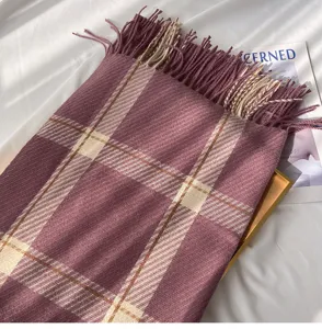 Cozy autumn winter plaid cashmere feel fringe scarf women fashion warm winter shawl