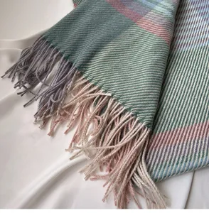 Close-up of cozy plaid tassel scarf with soft pastel checkered pattern and fringe detail.