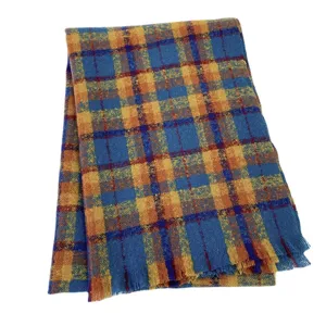 Cozy blue and orange plaid winter scarf for women. Soft imitation cashmere fringe shawl main view.