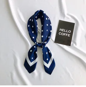 Navy blue polka dot silk scarf, elegant small square neck scarf for women and ladies.