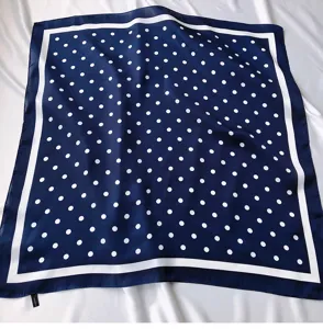 Elegant navy blue square scarf with white polka dots, chic fashion women neckerchief.