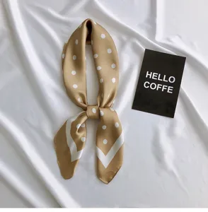Khaki polka dot silk scarf detail view, elegant women lightweight square neck scarf.