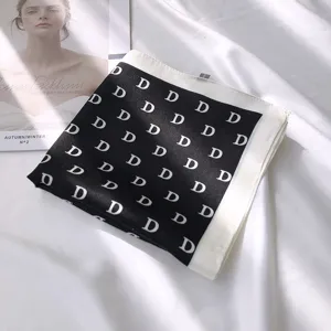 Black and white D letter print square silk scarf, stylish women spring summer neckerchief.