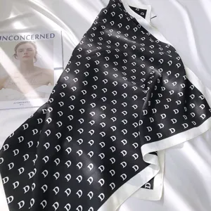 Black and white letter printed silk scarf, elegant fashion monogram neckerchief for women.