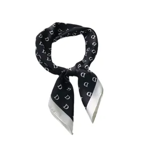 Classic black and white silk small square scarf with elegant letter print for women.