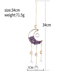 Natural amethyst crystal moon suncatcher wind chime hanging pendant home decor 34cm