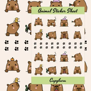 Simpatico foglio di adesivi capibara con varie pose adorabili, perfetto per decorazioni fai da te.