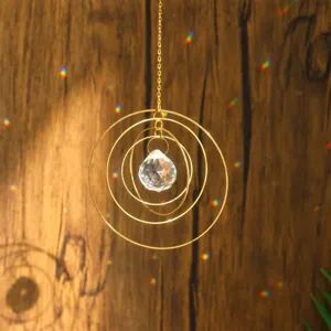 Crystal Suncatcher Hanging Ornament Rotating Concentric Circles Design White Crystal And Metal Window Decor