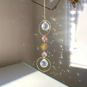 Crystal suncatcher detail showing hanging prism crystal ball and sun pendant reflecting rainbows.