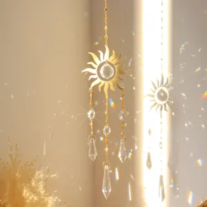 Close-up detail of the hanging crystal suncatcher pendant refracting rainbow light.