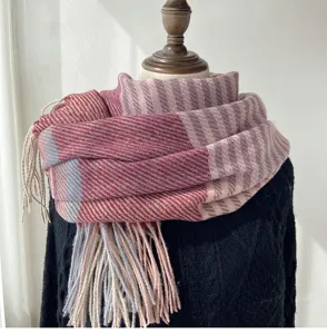 Winter women imitation cashmere scarf detail, soft plaid design with elegant tassel fringe.