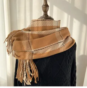 Classic brown and beige plaid tassel scarf, soft imitation cashmere for warm winter daily wear.