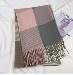 Autumn winter women plaid scarf soft cashmere feel tassel shawl elegant warm neck wrap detail