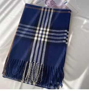 Women autumn winter blue plaid scarf classic fringe tassel shawl warm cashmere feel neck