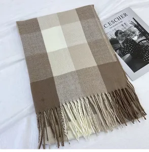 Cozy women's large plaid scarf with fringe, soft faux cashmere winter warm winter neck wrap.