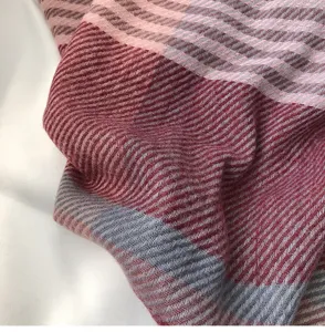 Close-up detail of soft winter warm cashmere-feel scarf with colorful striped texture.