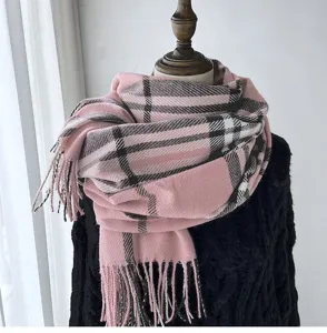 Pink plaid cashmere-feel winter scarf for women, classic tartan fringe shawl wrap.