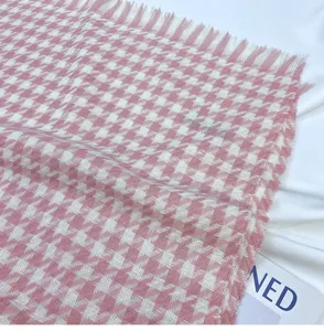 Pink and white houndstooth scarf for women, warm imitation cashmere winter fringe shawl.