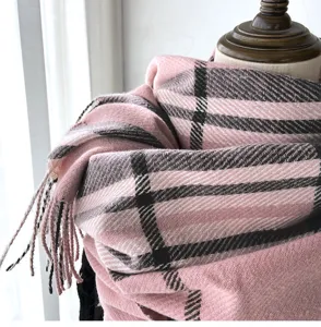 Pink plaid cashmere-feel tassel scarf for women, classic winter warm cozy shawl.