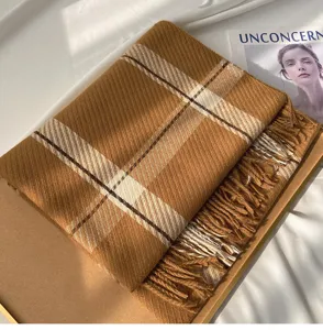 Classic camel plaid winter scarf with tassel fringe, soft imitation cashmere shawl.