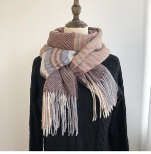 Thickened imitation cashmere plaid winter scarf with cozy fringe for women, stylish neck warmer.